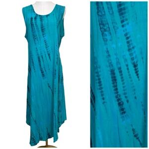 Soft Surroundings Tie Dye Rayon Maxi Dress 1X Teal Blue‎ Sleeveless Boho Artsy